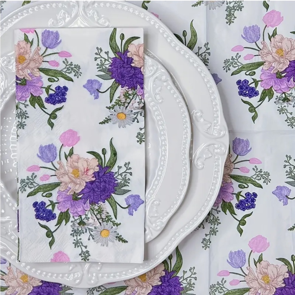 White and Purple Floral Guest Towel Hostess Napkins, Set of 20